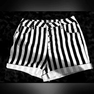 HT Denim Black & White Stripe Ultra Hi-Rise Button-Front Shorts